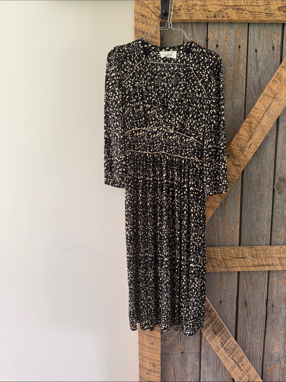 ba&sh Black Midi Dress with Cream Abstract Print - Size S